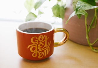 orange and white ceramic mug near green leaf plant with brown potted