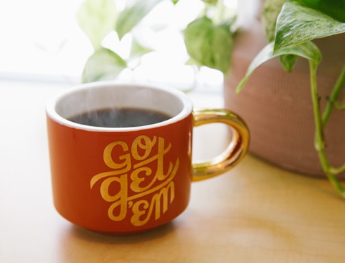 orange and white ceramic mug near green leaf plant with brown potted