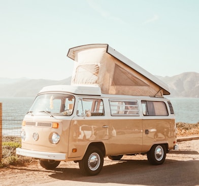 brown Volkswagen T1 van near body of water at daytime