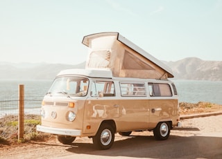 brown Volkswagen T1 van near body of water at daytime