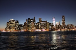 Panoramic city skyline at dusk with illuminated skyscrapers reflecting financial strength.