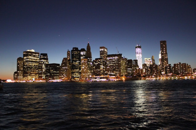 A city skyline illuminated with digital network connections at dusk