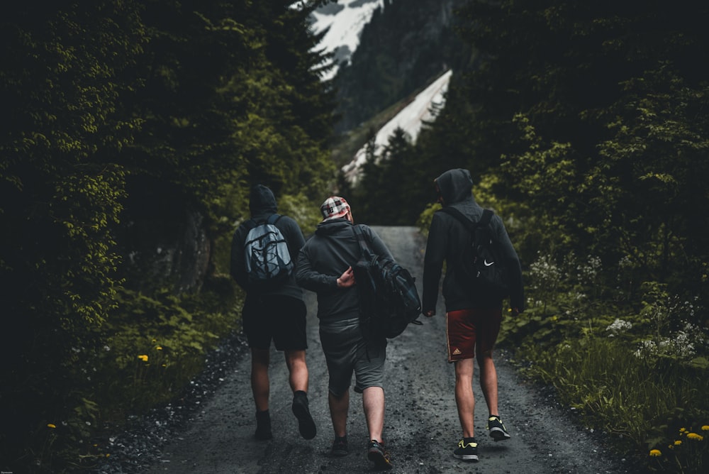 three person walking on gray pathway