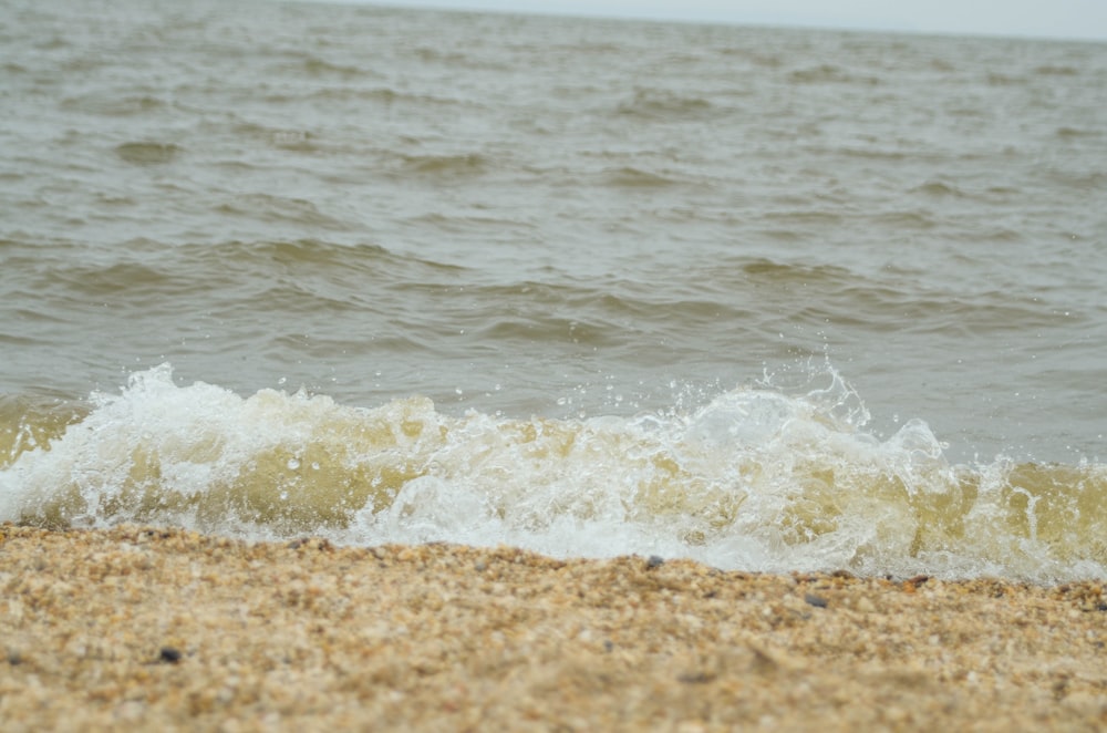 a wave rolls in to the shore of a beach