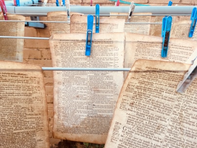 Several pages of old text with faded writing are clipped to clotheslines using blue and grey clothespins. The setup appears to be against a brick or textured wall, hinting at an informal preservation or drying process.