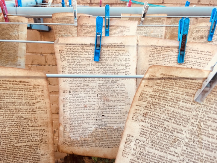 Several pages of old text with faded writing are clipped to clotheslines using blue and grey clothespins. The setup appears to be against a brick or textured wall, hinting at an informal preservation or drying process.