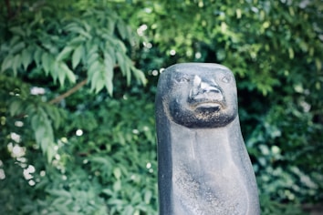 A stone sculpture depicting a stylized head with minimal facial features, set against a lush background of green foliage. The sculpture has a smooth, dark surface with subtle variations in texture.