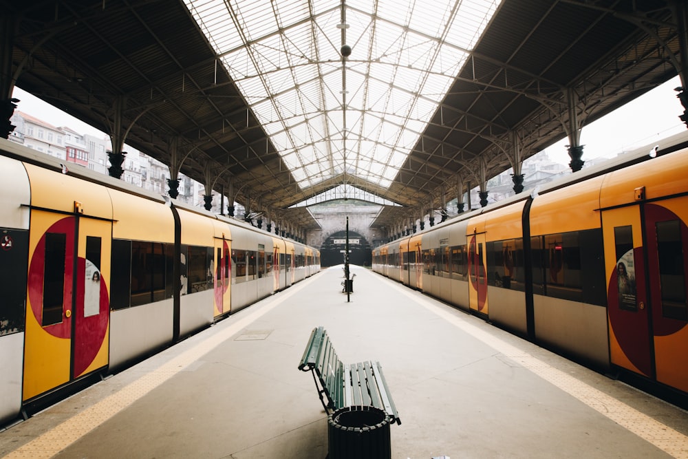 green metal train station bench