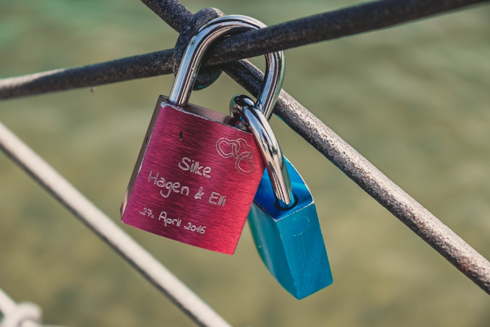 red and blue lock close-up photography