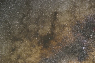 A densely populated star field in space, showing countless stars scattered across the dark expanse. The image features patches of interstellar dust creating dark lanes against the backdrop of bright stars.