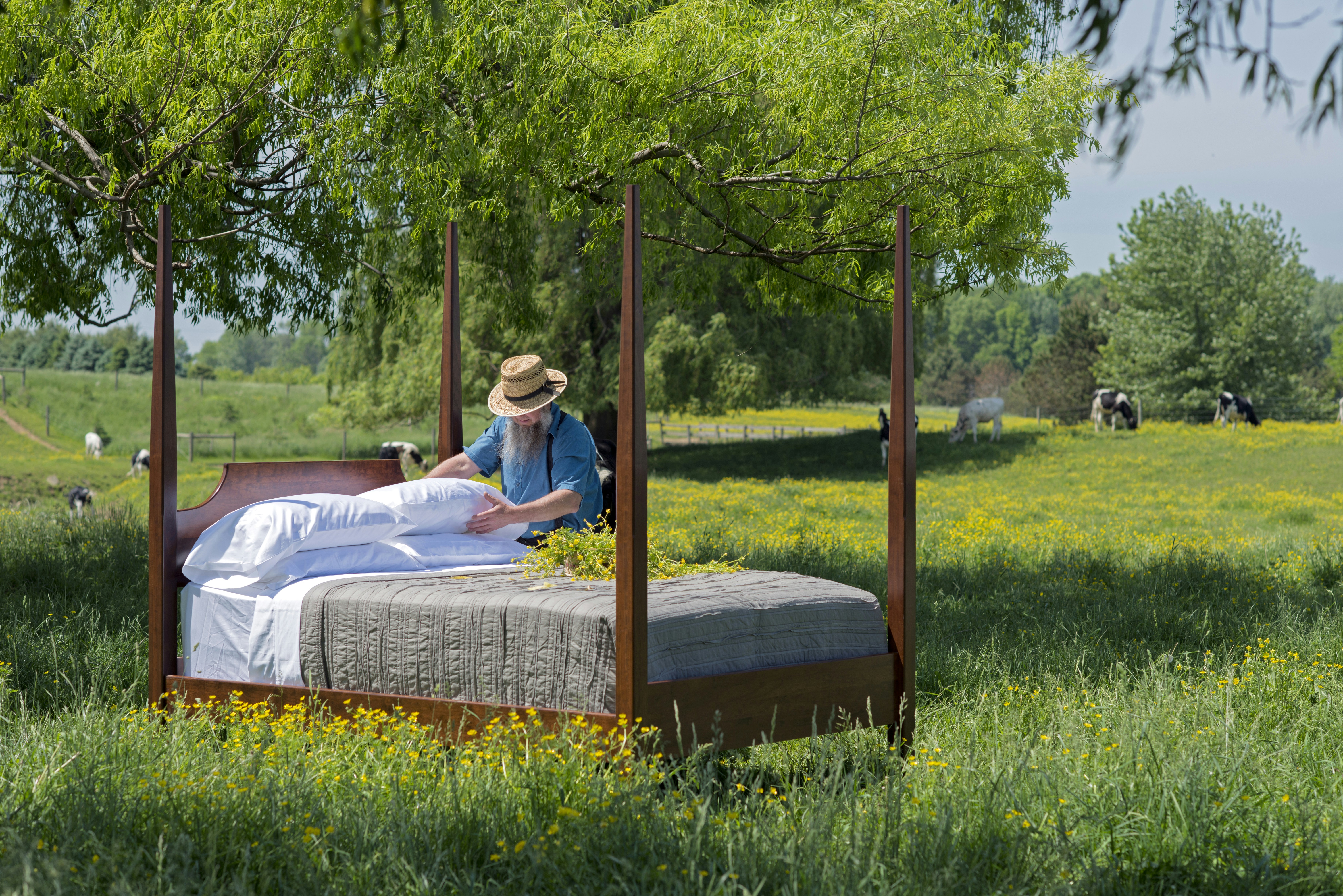 We were doing some advertising shot for Briarwood beds in the cow pasture, and the Amish man was setting up the bed I took this image....