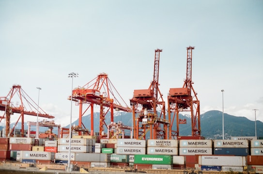 Several large container cranes are positioned at a busy shipping port, with numerous stacked freight containers prominently displaying brand names like Maersk and Evergreen. The backdrop features a mountain range under a clear sky.