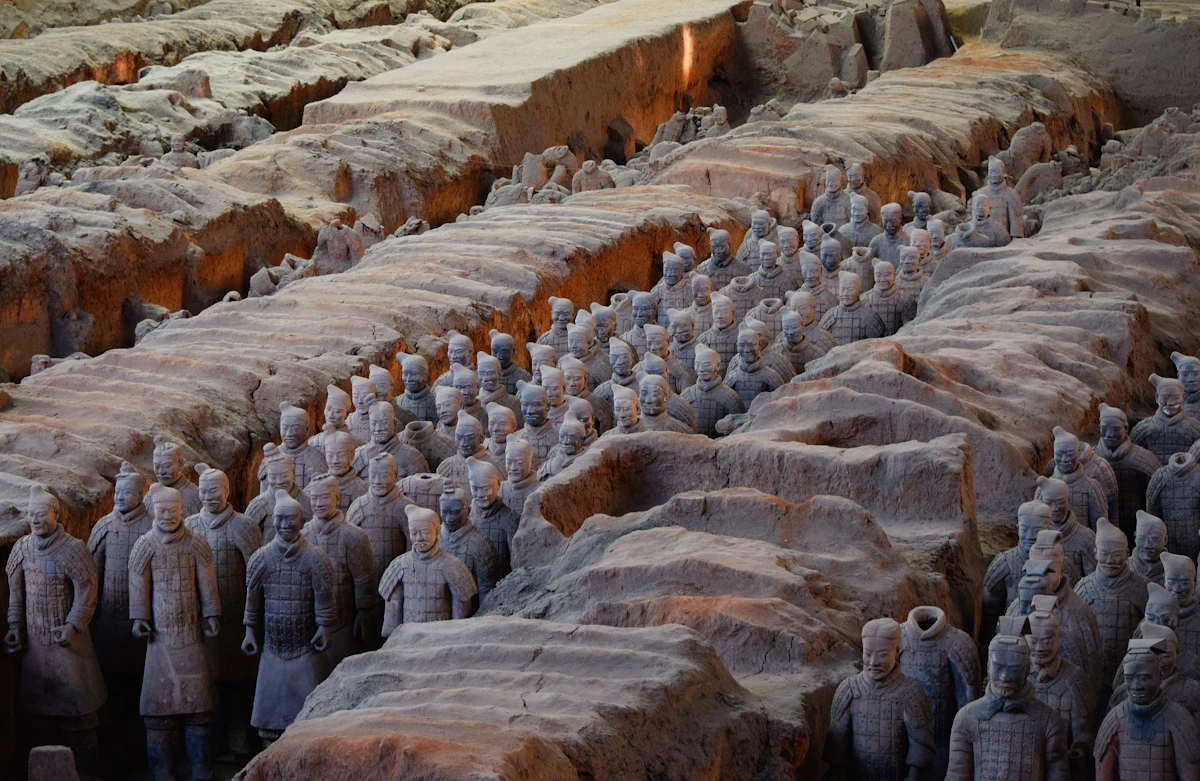 Rows of life size terracotta soldiers at the Terracotta Army site in Xi'an, China