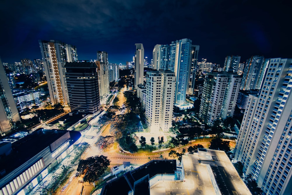 aerial photography of high-rise buildings at nighttime