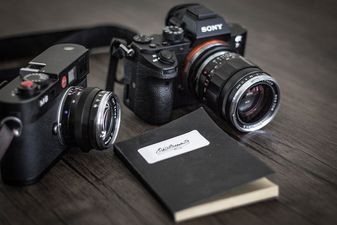 black Sony mirrorless camera near other mirrorless camera and notebook