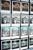 A grid of photos displaying various views and artistic representations of Berlin, including images of the Brandenburg Gate in color and black and white, as well as stylized text images of the word 'Berlin'.