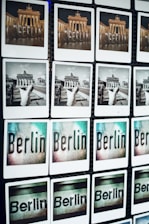 A grid of photos displaying various views and artistic representations of Berlin, including images of the Brandenburg Gate in color and black and white, as well as stylized text images of the word 'Berlin'.
