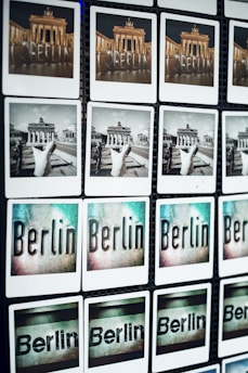 A grid of photos displaying various views and artistic representations of Berlin, including images of the Brandenburg Gate in color and black and white, as well as stylized text images of the word 'Berlin'.