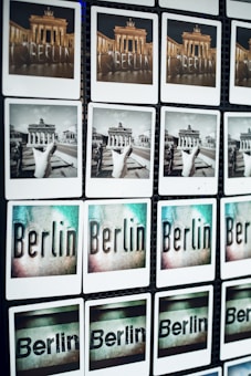 A grid of photos displaying various views and artistic representations of Berlin, including images of the Brandenburg Gate in color and black and white, as well as stylized text images of the word 'Berlin'.