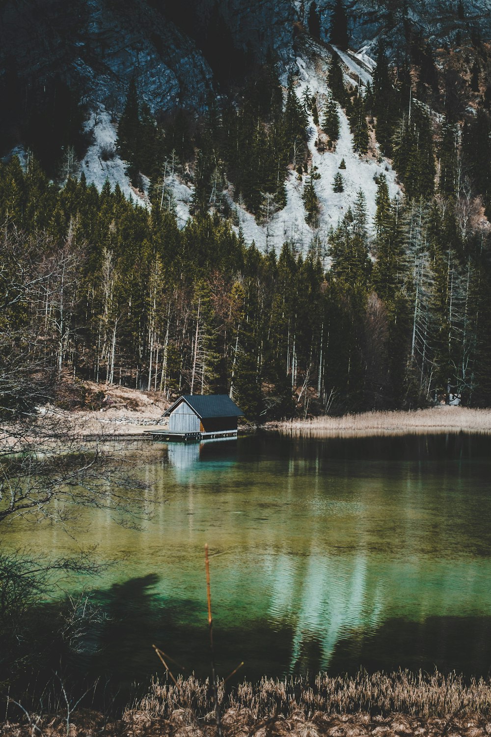 Cabina grigia e nera accanto al lago