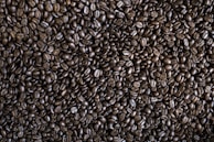 A close-up view of numerous dark roasted coffee beans filling the image. The beans are tightly packed and exhibit a glossy, oily surface characteristic of freshly roasted coffee. The irregular shapes and natural texture of the beans are clearly visible.
