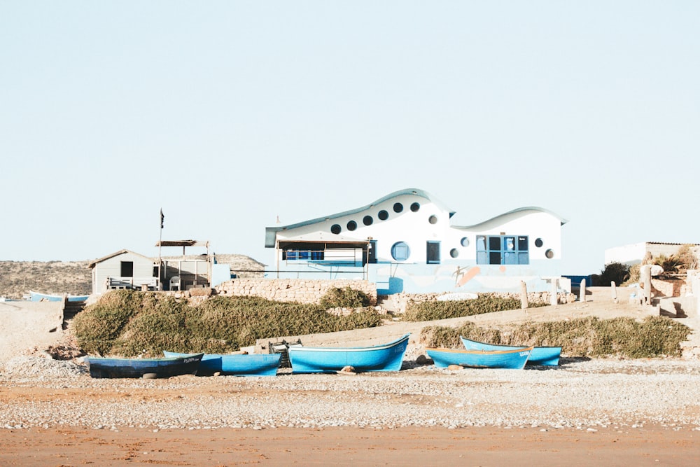 blue boats docked near the seashore