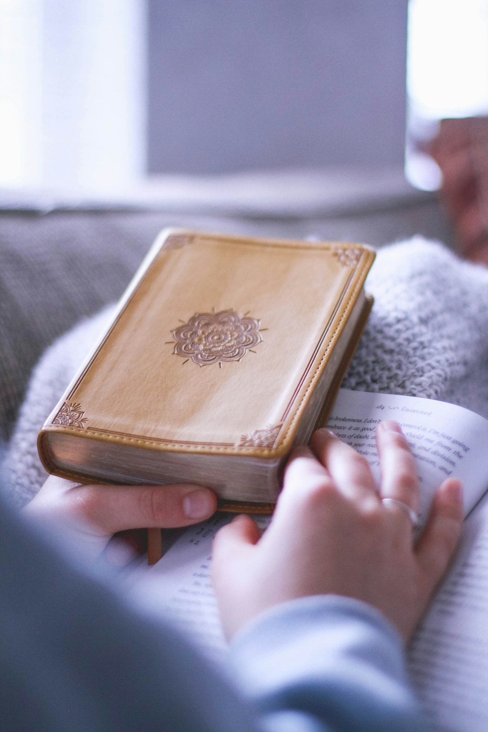 person holding brown book