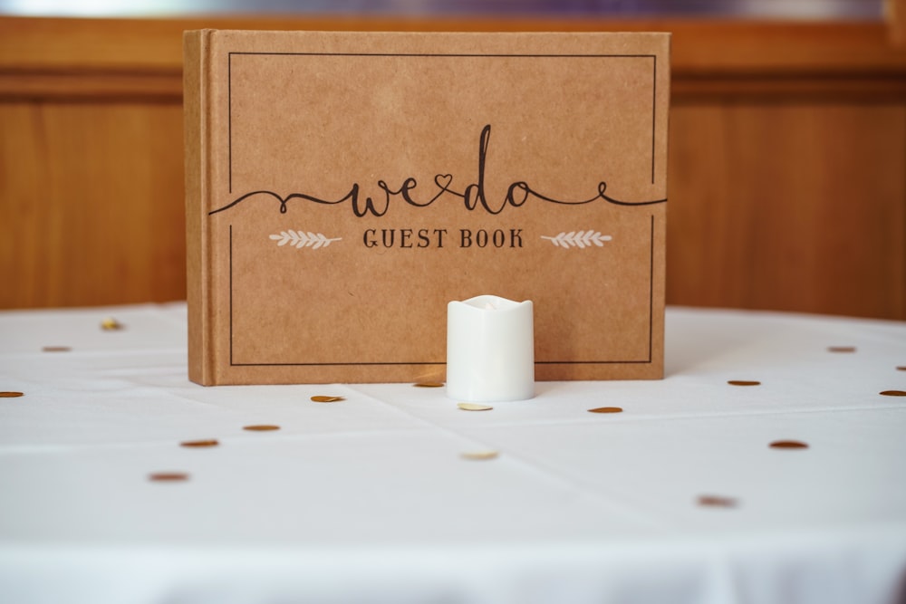 brown Weedo guestbook on table