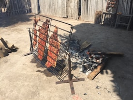 Several large pieces of meat are being cooked on a vertical metal grill over an open fire. The scene is outdoors, possibly in a rustic or rural setting, with rough wooden fencing and simple chairs visible in the background.