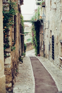 narrow pathway surrounded by concrete of buildings