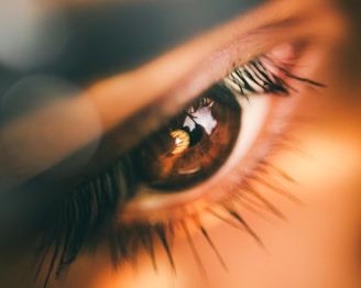 A close-up view of a human eye with detailed focus on the iris and eyelashes. The eye is brown, and the reflection in the pupil suggests a scene with bright lighting.