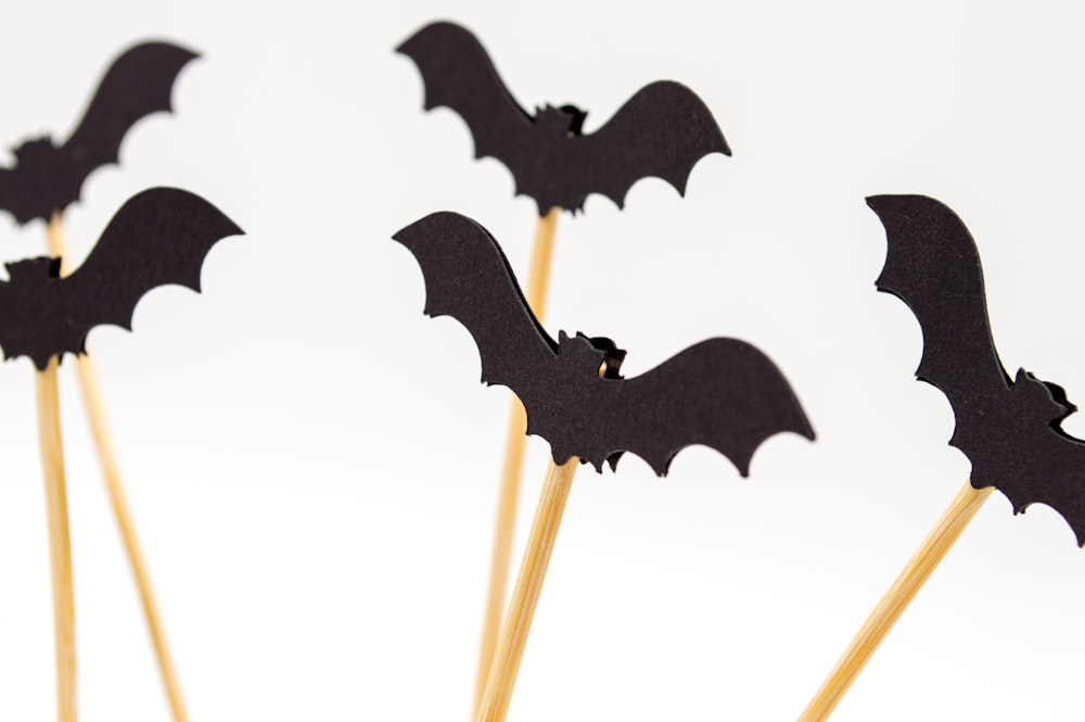 Cinco murciélagos negros de juguete con palos