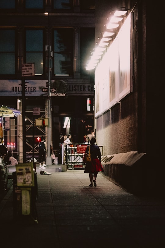 woman in black and red dress walking beside brown building in Manhattan United States