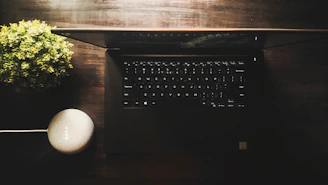 A cozy home office setup with a laptop, smart speaker, and a houseplant by the window.