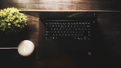 A dark, moody workspace setup featuring an open laptop, a smart speaker, and a small potted plant. The laptop's keyboard is prominently displayed, with its lid slightly open, reflecting light. The plant adds a touch of green to the otherwise dimly lit scene, and the round smart speaker is connected by a cable.