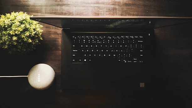 A clean, modern workspace featuring a laptop, smart speaker, and cozy plant on a white desk.