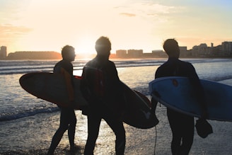 Sunset view of surfers walking along the beach carrying their boards.