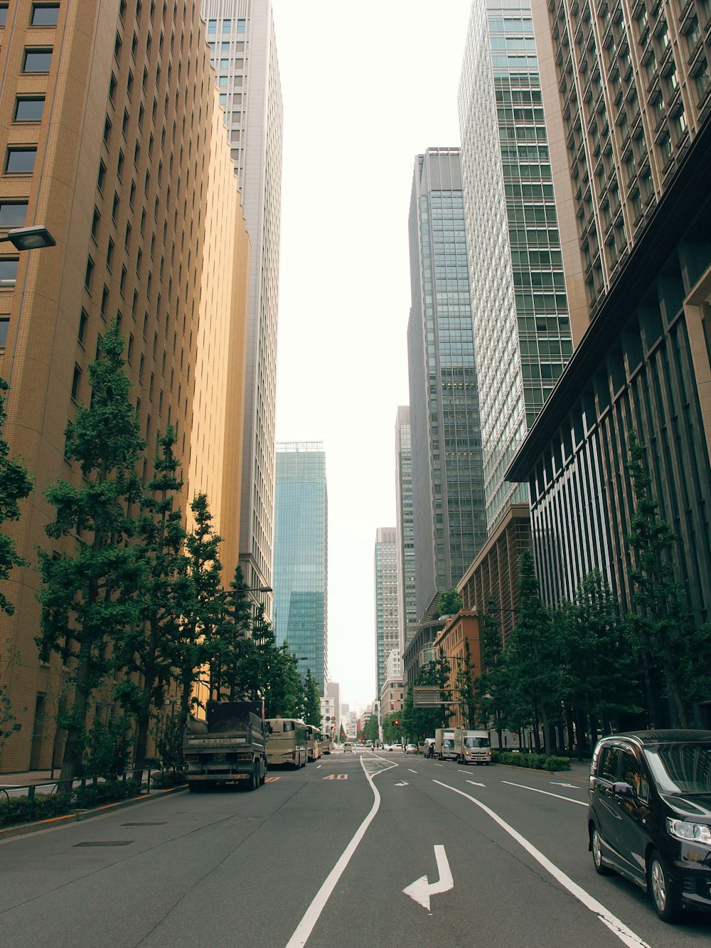 vehicles on concrete road near high-rise buildings