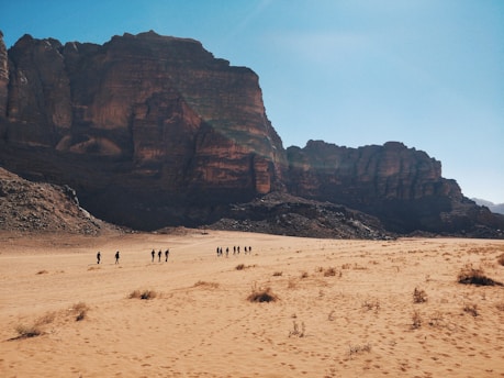 A group of people exploring a desert landscape with mountains in the background.