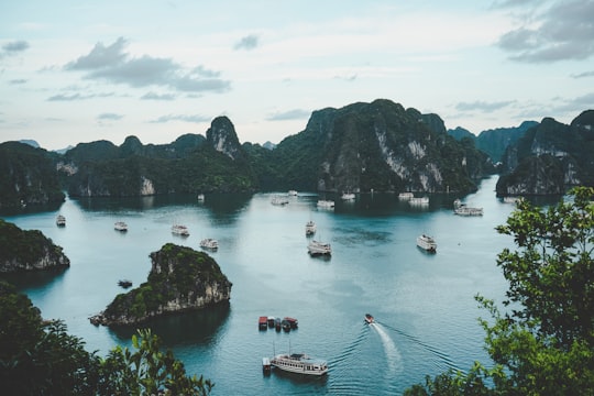 high-angle photography of boats on water near hill during daytime in Halong Bay Vietnam