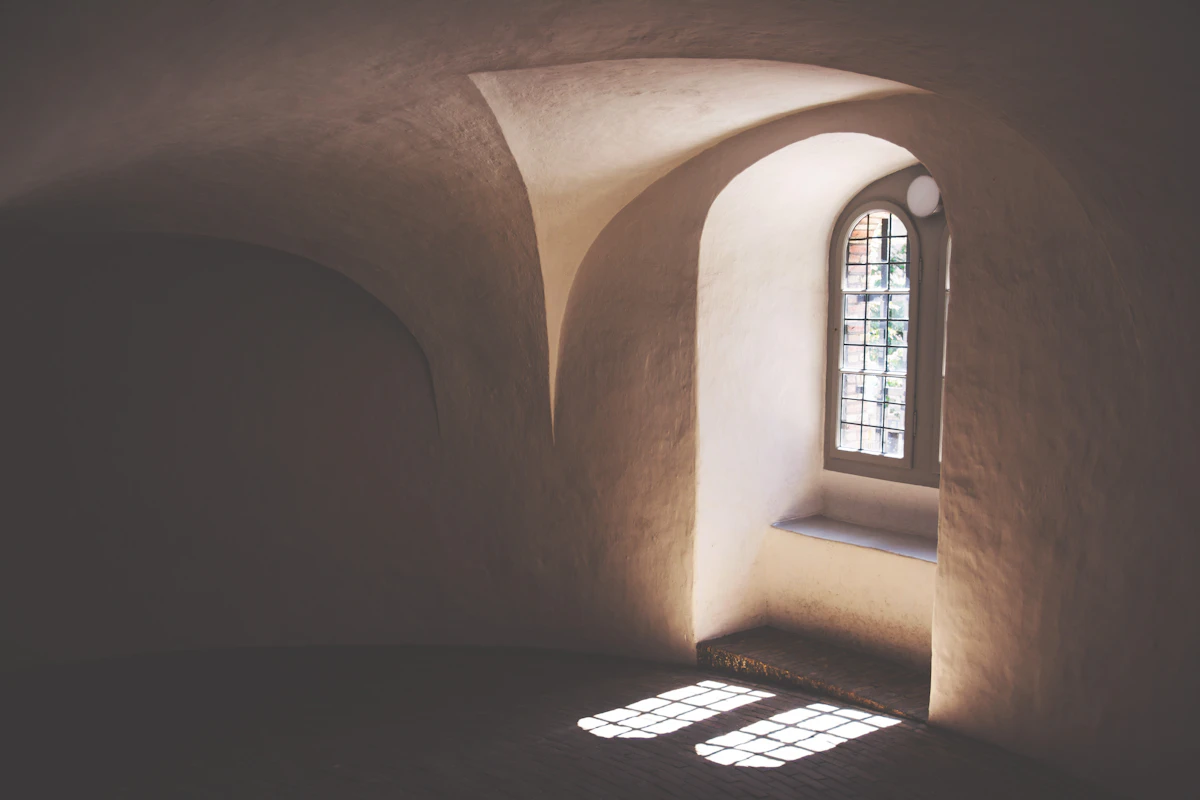 The interior of a quiet brick building