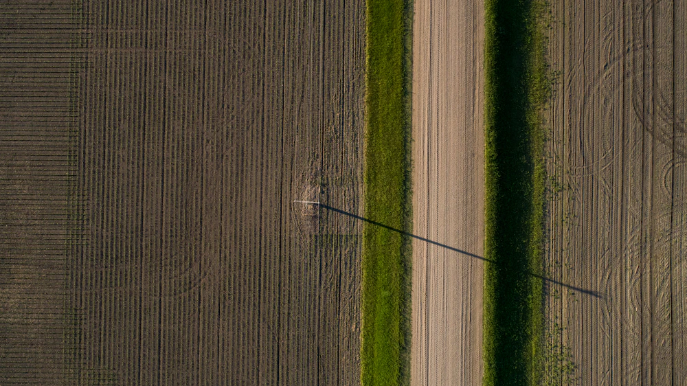 Aerial view of Midwest farmland with long shadows