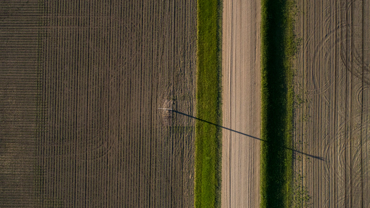 Aerial view of Midwest farmland with long shadows