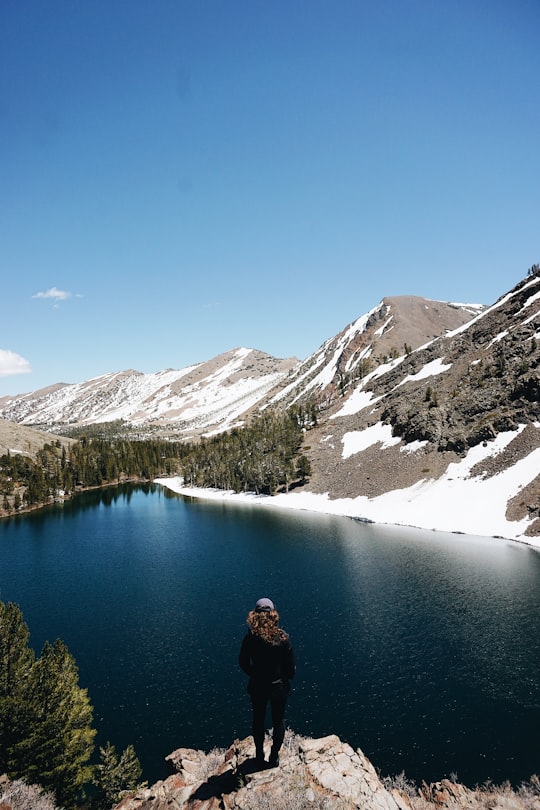 woman standing in front on body water at daytime in Hoover Wilderness United States