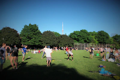 A lively group of families enjoying outdoor games in a sunny park.