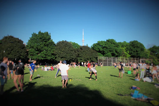 A lively park scene with friends playing games and laughing together.