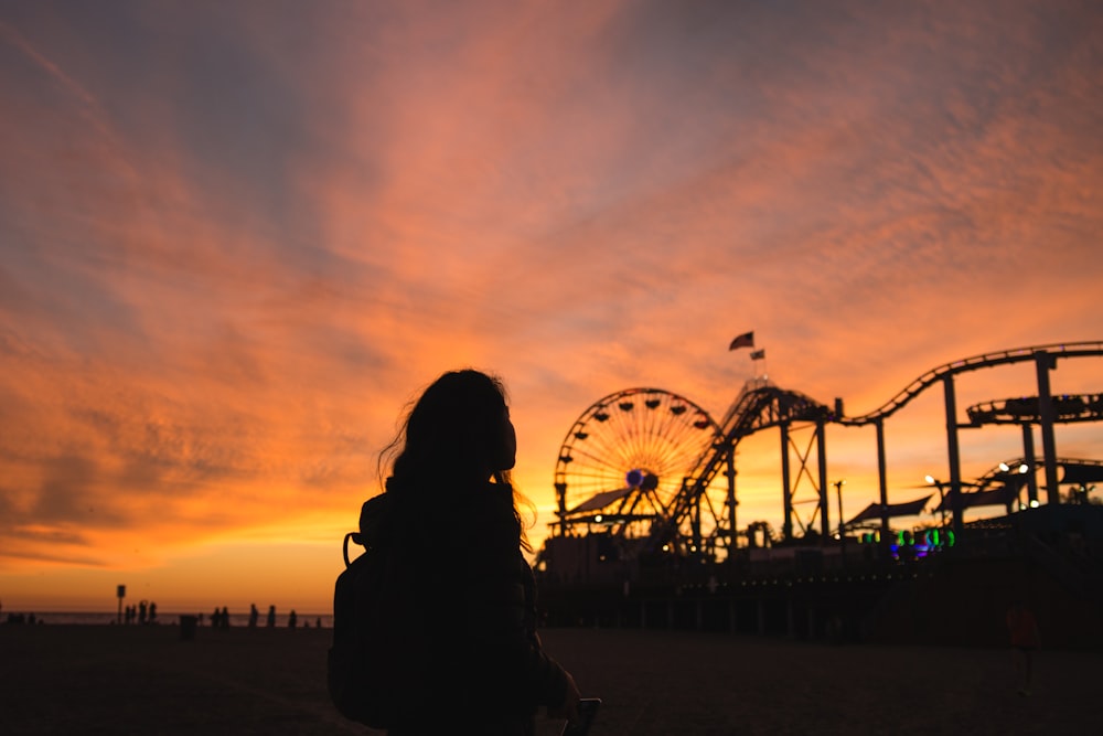 silhouette photography of woman with view of amusement park