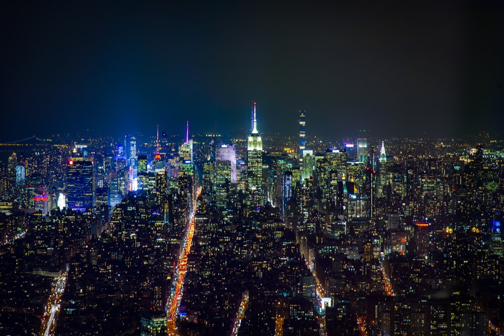 aerial view of buildings during night time