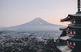 The Chureito Pagoda overlooking the city of Fujiyoshida and Mount Fuji in Japan