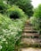 Close-up of a beautifully crafted natural stone pathway winding through a lush garden.